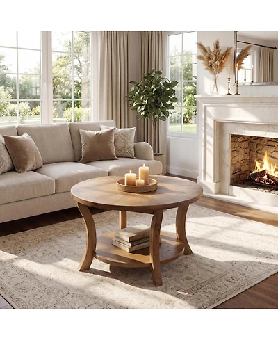 Tribesigns 31.5 Round Solid Wood Coffee Table: 2-tier storage shelf with curved legs. Farmhouse center table for living room