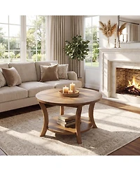 Tribesigns 31.5 Round Solid Wood Coffee Table: 2-tier storage shelf with curved legs. Farmhouse center table for living room