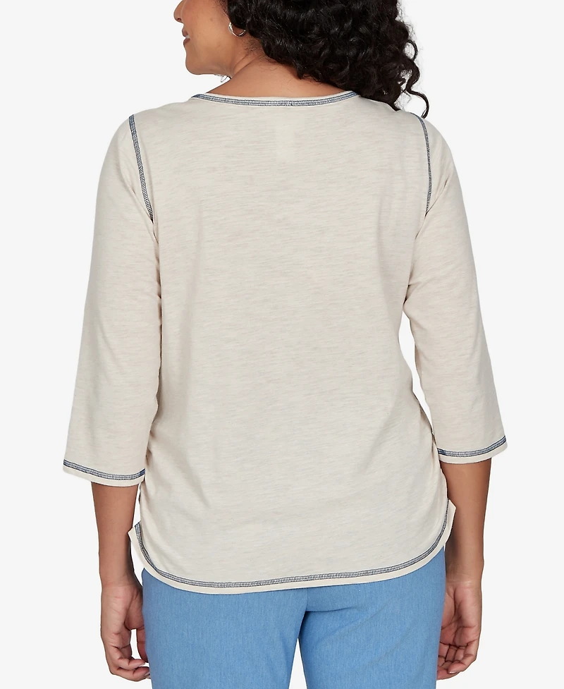 Alfred Dunner Women's Crewneck 3/4-Sleeve Sunflower Embroidery T-Shirt