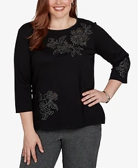 Alfred Dunner Women's 3/4-Sleeve Crewneck Floral Cotton-Blend Top