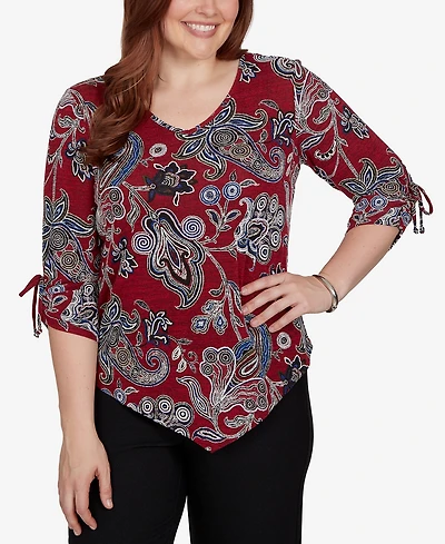Alfred Dunner Women's Knit Paisley V-Neck 3/4-Sleeve Top