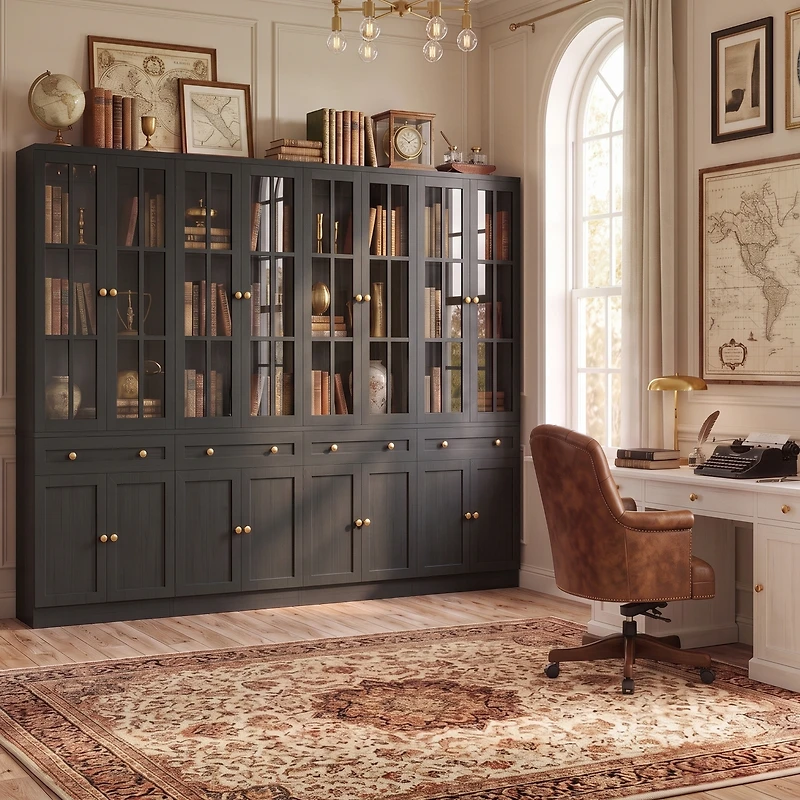 Aheaplus 80" Wood Bookcase with Glass Doors and Drawers for Living Room