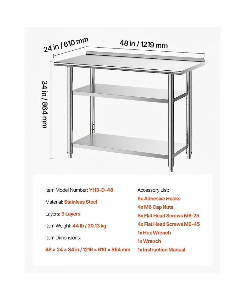 Sugift 24 x 48 In Stainless Steel Work Table with Backsplash and 2 Undershelves for Food Prep