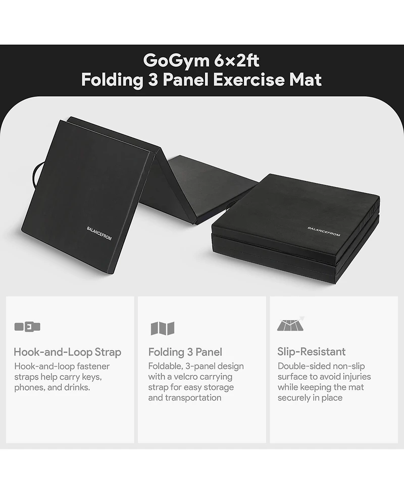 BalanceFrom Fitness GoGym 6x2ft Folding 3 Panel Exercise Mat, Black (2 Pack)