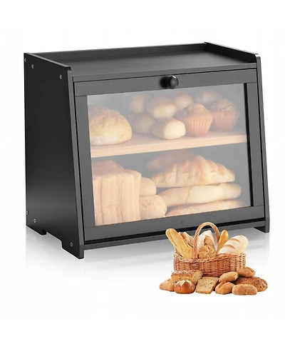 Sugift Double Layer Bamboo Bread Box with Acrylic Wave Door and Adjustable Middle Shelf