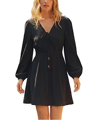 Cupshe Women's Boho Lace Trim Long Sleeve Tie V-Neck Mini Dress