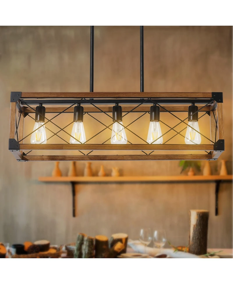 Clihome 32" Walnut Industrial Farmhouse Rectangle Pendant Light, 5-Light Chandelier