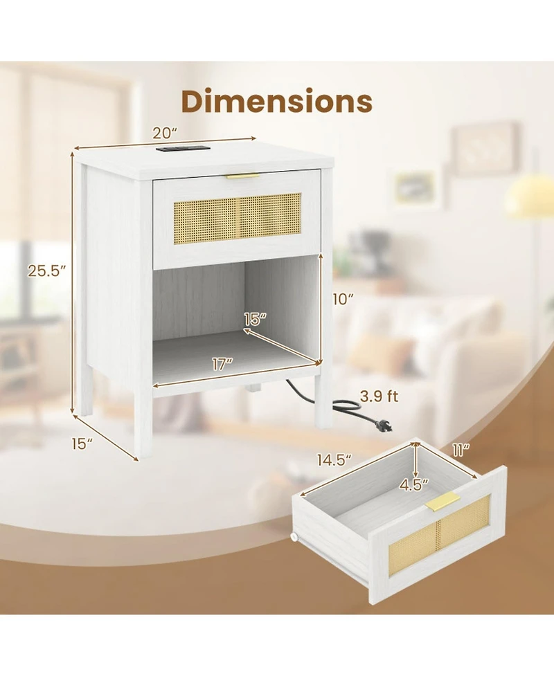 Sugift Rattan Nightstand with Charging Station Storage Drawer and Open Compartment