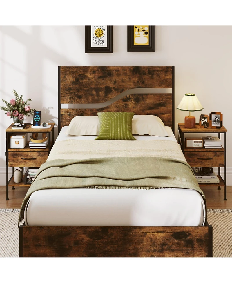 Sugift Nightstand with Charging Station 24.5 Inch Bedside Table Featuring Fabric Drawer and Side Pocket