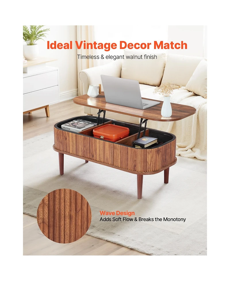 Sugift 39.4 Inch Fluted Oval Lift Top Coffee Table with 3 Hidden Storage Compartments
