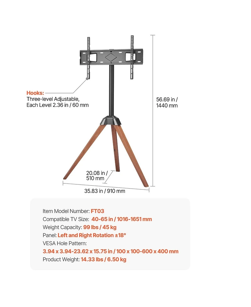 Sugift Tripod Easel Floor Tv Stand for 40 to 65 Inch Screens with 18 Degree Swivel and 99 Pound Capacity