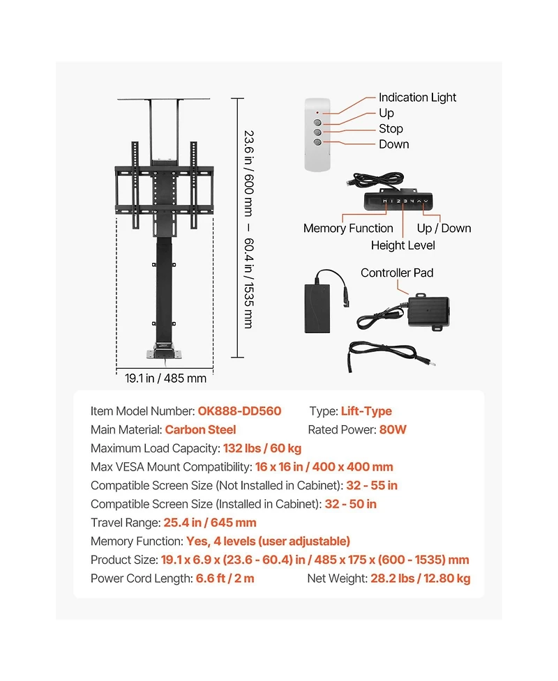 Sugift Motorized Vertical Tv Lift Stand Mount for 32 to 55 In Screens 132 Pound Capacity