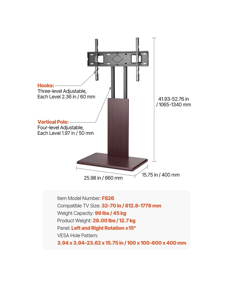 Sugift Height Adjustable Universal Tv Stand for 32 to 70 Inch Screens with Built-In Power Strip and Casters