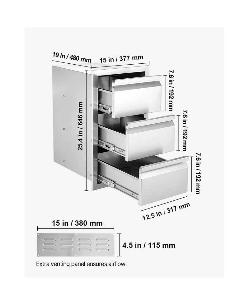 Sugift 3-Tier Stainless Steel Bbq Drawers 15in W x 25.4in H x 19in D Flush Mount Box Frame