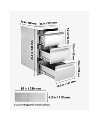 Sugift 3-Tier Stainless Steel Bbq Drawers 15in W x 25.4in H x 19in D Flush Mount Box Frame