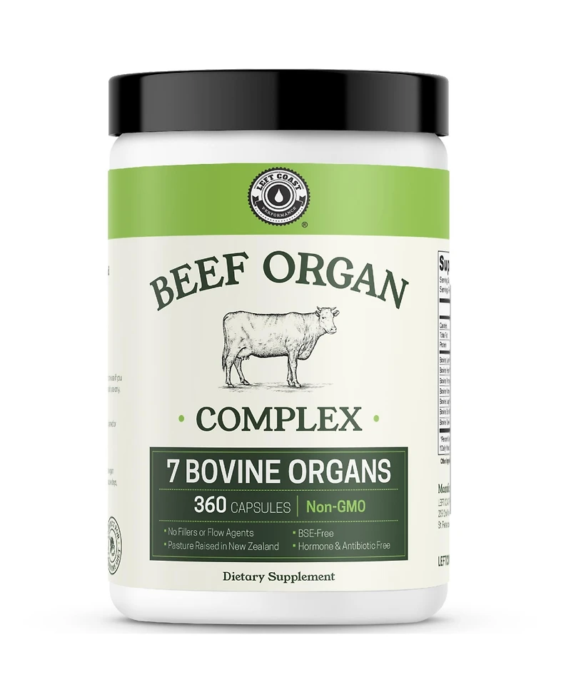 Left Coast Performance Grass-Fed Beef Organ Complex, 7 Beef Organs, New Zealand Sourced, 360 Capsules