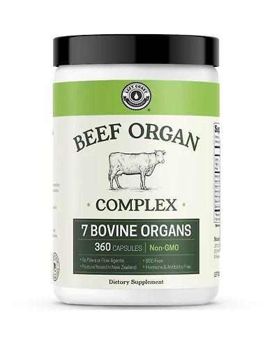 Left Coast Performance Grass-Fed Beef Organ Complex, 7 Beef Organs, New Zealand Sourced, 360 Capsules