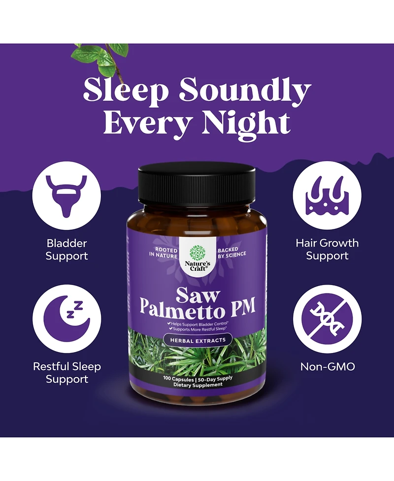 Nature's Craft Nighttime Defense Saw Palmetto Supplement for Men with Lycopene, Melatonin 100 Count