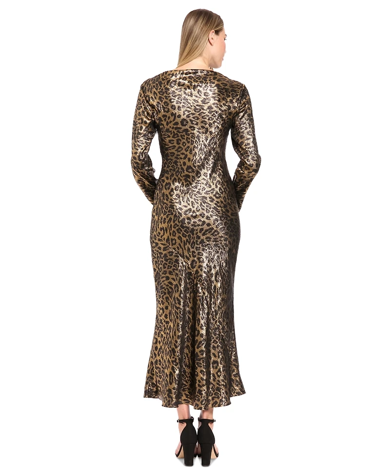 Donna Morgan Women's Animal-Print Long-Sleeve Boat-Neck Midi Dress