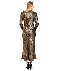 Donna Morgan Women's Animal-Print Long-Sleeve Boat-Neck Midi Dress