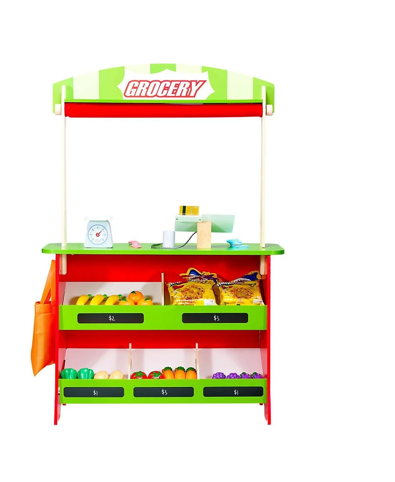 Yobtop Two-in-One Reversible Puppet Theater and Market Stand with Working Scanner and Card Reader, 35-Piece Accessory Set, Ages 3+