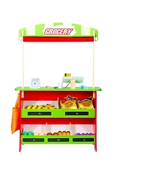 Yobtop Two-in-One Reversible Puppet Theater and Market Stand with Working Scanner and Card Reader, 35-Piece Accessory Set, Ages 3+