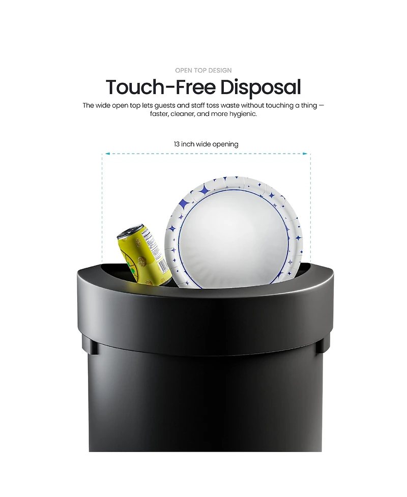 Home Zone Living 18 Gallon Stainless Steel Open Top Trash Can with Semi-Round Flat Back, Black, 68 Liters