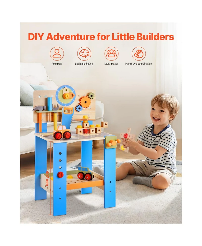 Yobtop Road-Themed Wooden 7-Piece Tool Workbench, Ages 3+