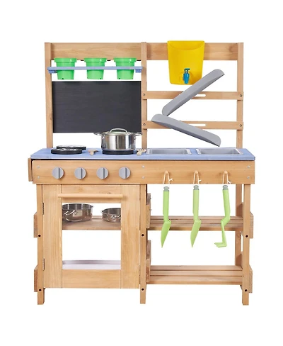 Yobtop Mud Kitchen Wooden Outdoor Playset with 4 Stoves & 2 Sinks, Ages 3+