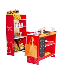 Yobtop Kids Grocery Store Playset,Toy with Cash Register and Scanner, Working Conveyor Belt,35 Fruit and Vegetable Accessories,Pretend Play for Kids