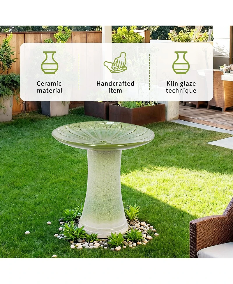 Yobtop Handmade Glazed Ceramic Bird Bath, Daisy Petal Embossed Tray, Pedestal Base, Ombre Gradient Glaze, Outdoor Bird Feeder for Patio and Backyard