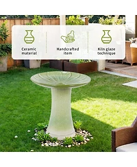 Yobtop Handmade Glazed Ceramic Bird Bath, Daisy Petal Embossed Tray, Pedestal Base, Ombre Gradient Glaze, Outdoor Bird Feeder for Patio and Backyard