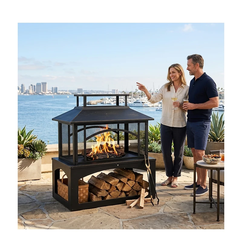 Aoxun 2-in-1 Outdoor Fire Pit Table with Hidden Log Storage, Steel Patio Heater for Backyard Porch