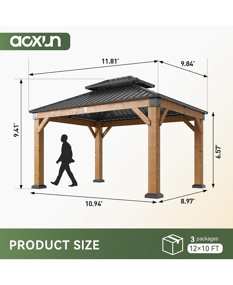 Aoxun 10'x12' Cedar Wood Hardtop Gazebo, Outdoor Pavilion with Galvanized Steel Double Roof for Patio Garden