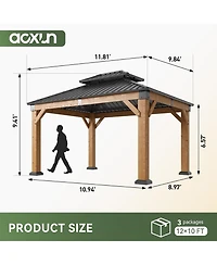 Aoxun 10'x12' Cedar Wood Hardtop Gazebo, Outdoor Pavilion with Galvanized Steel Double Roof for Patio Garden