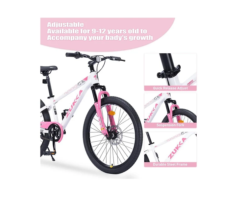Yobtop 24-Inch Mountain Bike, Steel Frame, Suspension Fork, Double Disc Brake, 220 lb. Capacity, Ages 9-12