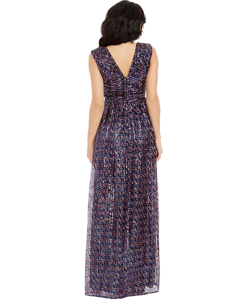 Dress The Population Women's Jaclyn Sleeveless V-Neck Multicolor Sequin High Slit A-Line Gown