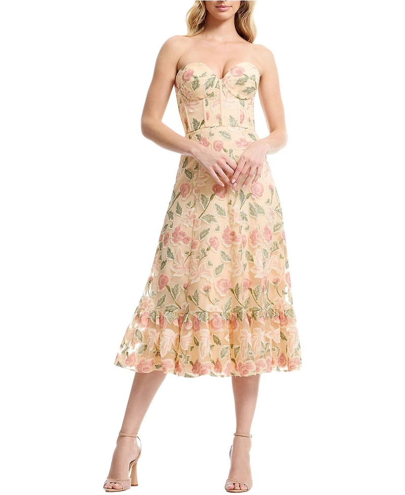Dress The Population Women's Carina Strapless Sweetheart Floral Ruffle Dress
