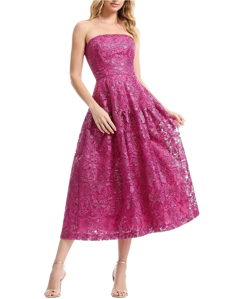 Dress The Population Women's Gemma Strapless Floral Lace Tiered Midi Dress