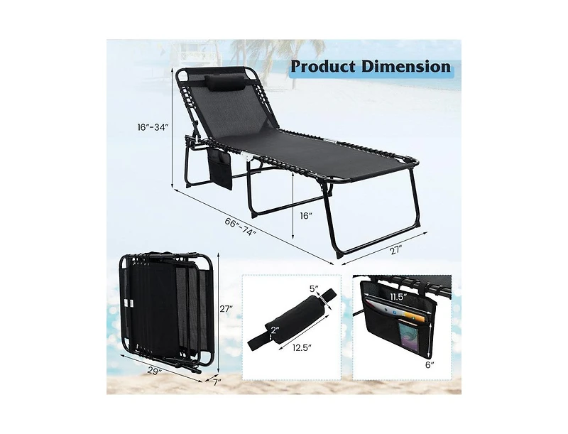 Lucky One 4 Position Folding Chaise Lounge Chair with Adjustable Backrest and Footrest
