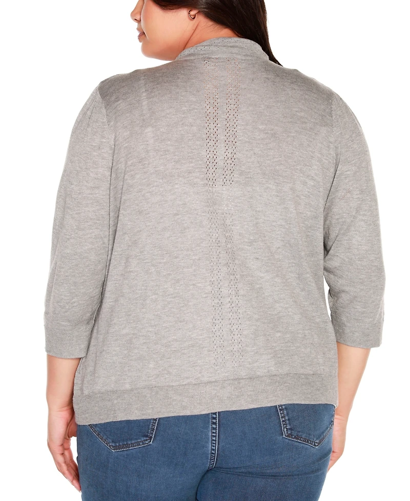 Belldini Plus Pointelle 3/4-Sleeve Open-Front Blend Cardigan