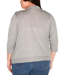 Belldini Plus Pointelle 3/4-Sleeve Open-Front Blend Cardigan