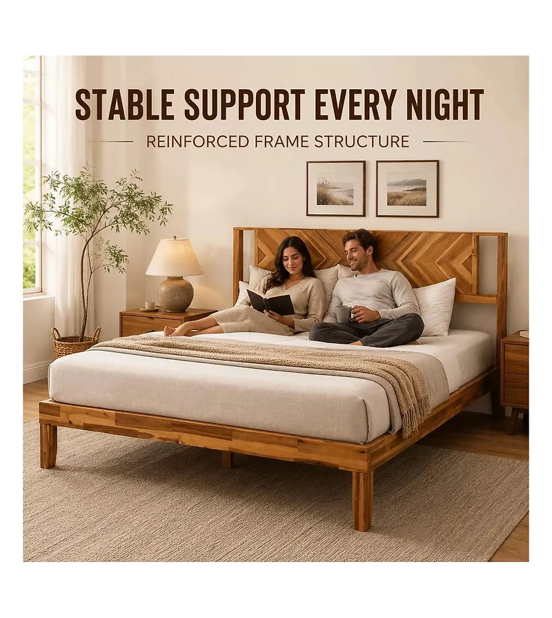 Gaomon Platform Bed Frame - Mid-Century Modern Wood with Geometric Headboard and Wooden Slats Support, No Box Spring Needed, for Bedroom