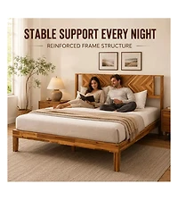 Gaomon Platform Bed Frame - Mid-Century Modern Wood with Geometric Headboard and Wooden Slats Support, No Box Spring Needed, for Bedroom