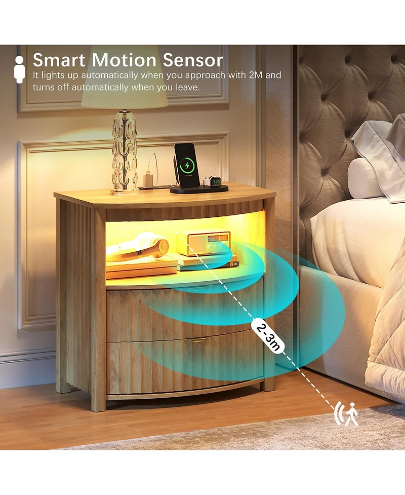 Vlsrka Modern Nightstand With Human Sensor Light, Charging Station, Lockable Drawer