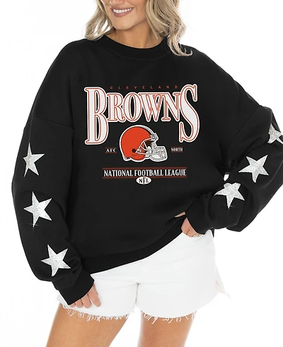 Gameday Couture Women's Black Cleveland Browns Rhinestone Star Sleeve Settle the Score Oversized Tri-Blend Pullover Sweatshirt