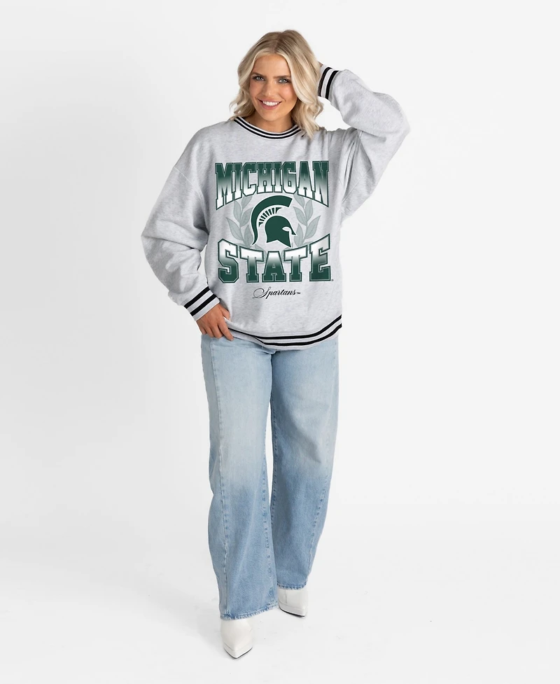 Gameday Couture Women's Ash Michigan State Spartans Oversized Fade Route Ringer Stripe Sweatshirt