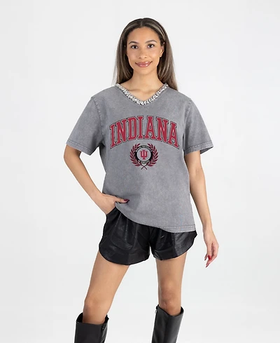 Gameday Couture Women's Gray Indiana Hoosiers Iconic Edge Rhinestone V-Neck T-Shirt