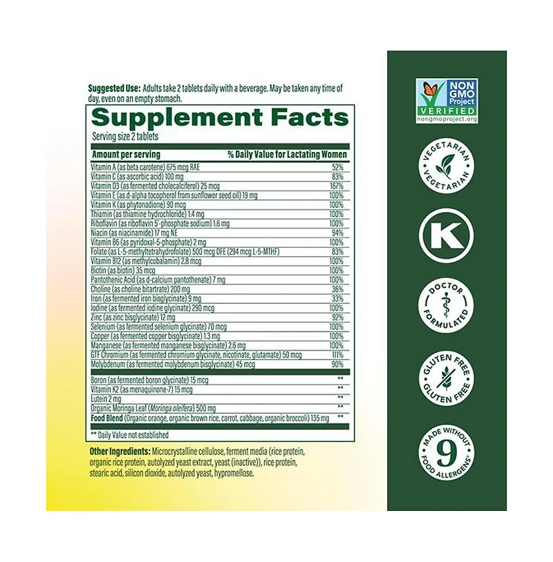 MegaFood Baby and Me 2 Postnatal Multivitamin with Choline, Methylated Folate and Moringa Leaf