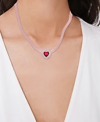 Macy's Simulated Pink Sapphire and Pink Cubic Zirconia Heart on Herringbone 18'' Necklace
